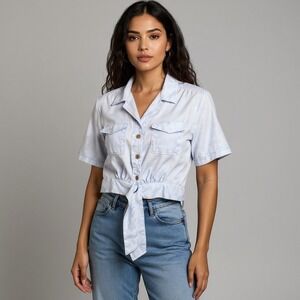 Style House Tie Bottom Crop Top Button Ip Light Blue Coastal Euro Cottagecore L